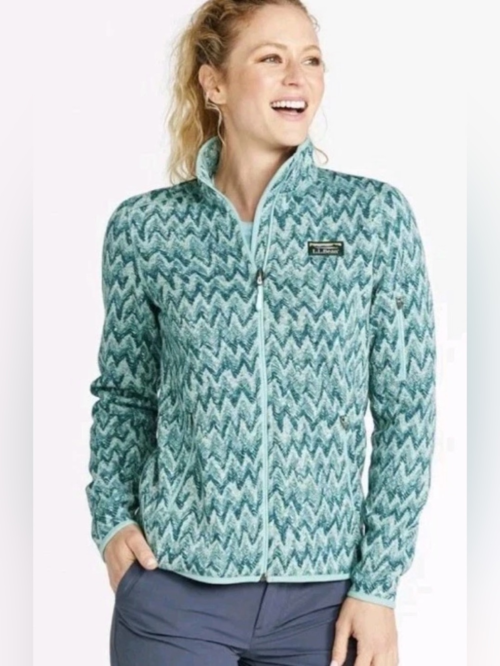 L.L. Bean Women's Teal Chevron-Pattern Full-Zip Fleece Jacket size L